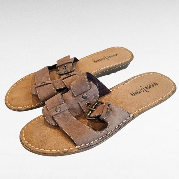 Minnetonka Brown Buckle Sandals Slides Size 8 - Picture 1 of 15